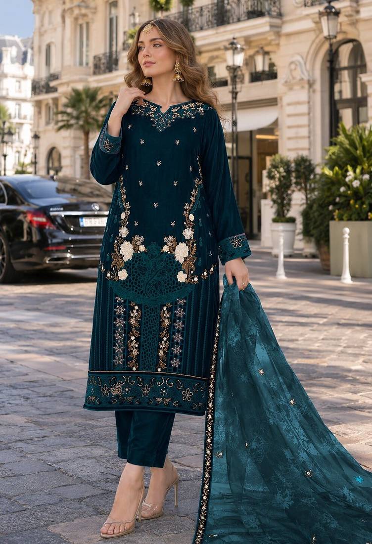 Green velvet semi stitched suit with embroidery sequence work