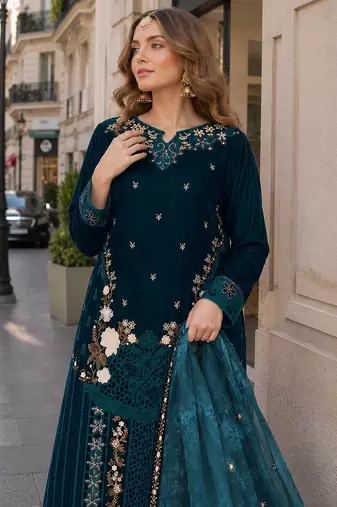 Green velvet semi stitched suit with embroidery sequence work