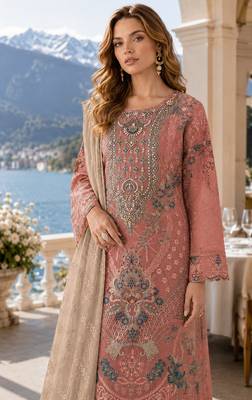 Peach silk suit with embroidery & sequin work 2