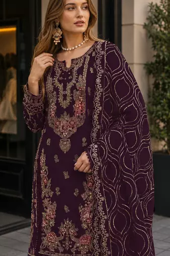 Purple faux georgette semi stitched suit with embroidery & sequence work