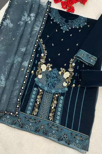 Green velvet semi stitched suit with embroidery sequence work
