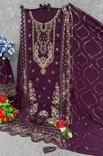 Purple faux georgette semi stitched suit with embroidery & sequence work