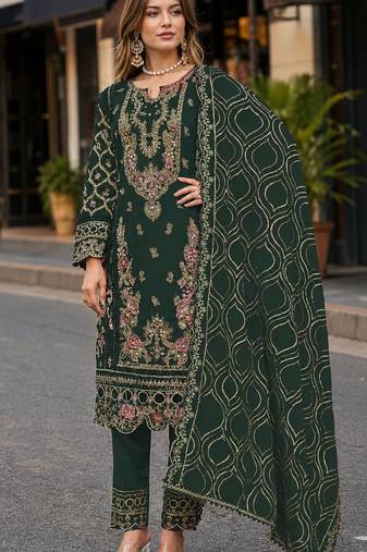 D green faux georgette semi stitched suit with embroidery & sequence work