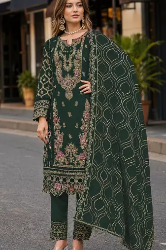 D green faux georgette semi stitched suit with embroidery & sequence work