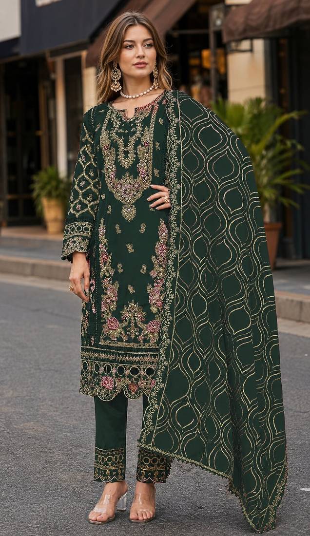 D green faux georgette semi stitched suit with embroidery & sequence work