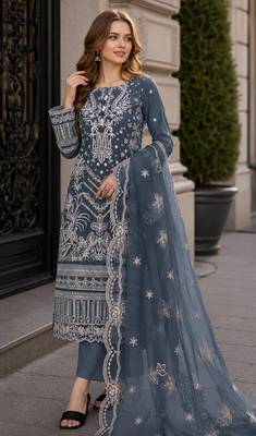Teal faux georgette suit with embroidery work 1