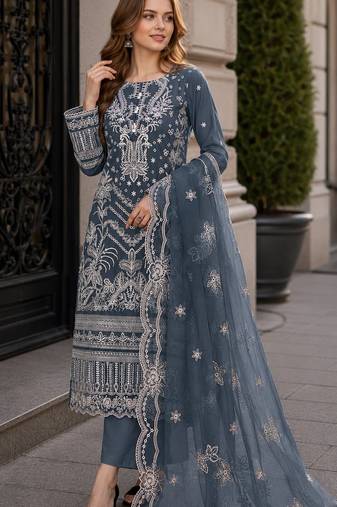 Teal faux georgette semi stitched suit with embroidery work