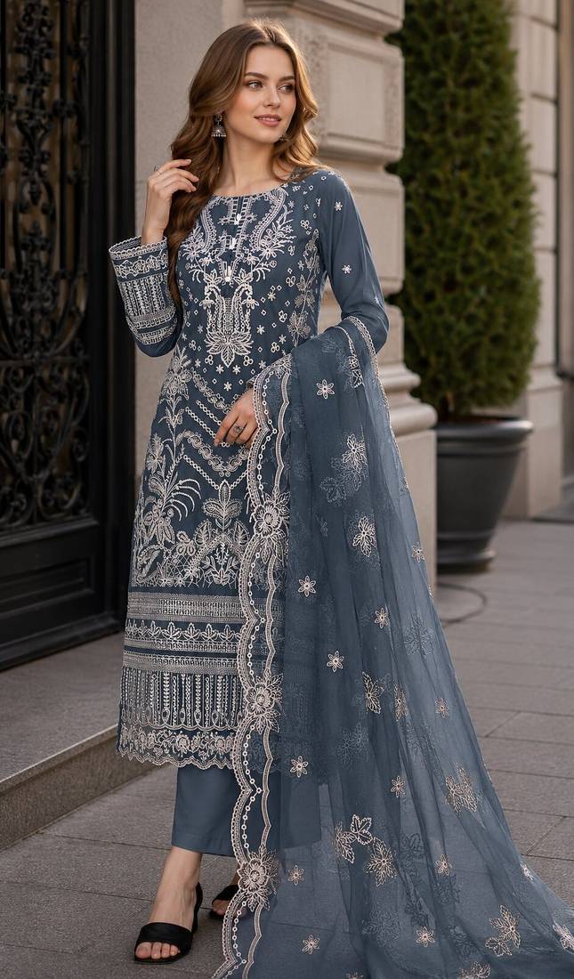 Teal faux georgette semi stitched suit with embroidery work