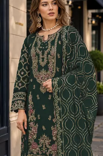 D green faux georgette semi stitched suit with embroidery & sequence work