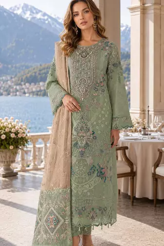 Green silk semi stitched suit with embroidery & sequence work