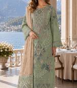 Green silk semi stitched suit with embroidery & sequence work