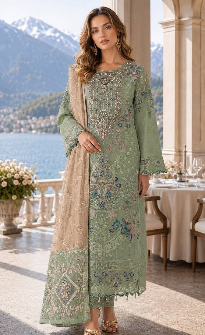 Green silk semi stitched suit with embroidery & sequence work