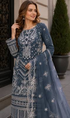Teal faux georgette suit with embroidery work 2