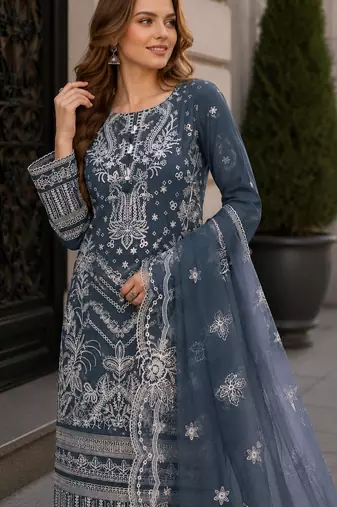 Teal faux georgette semi stitched suit with embroidery work