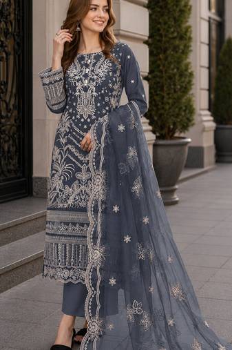Grey faux georgette semi stitched suit with embroidery work