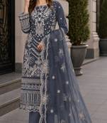 Grey faux georgette semi stitched suit with embroidery work
