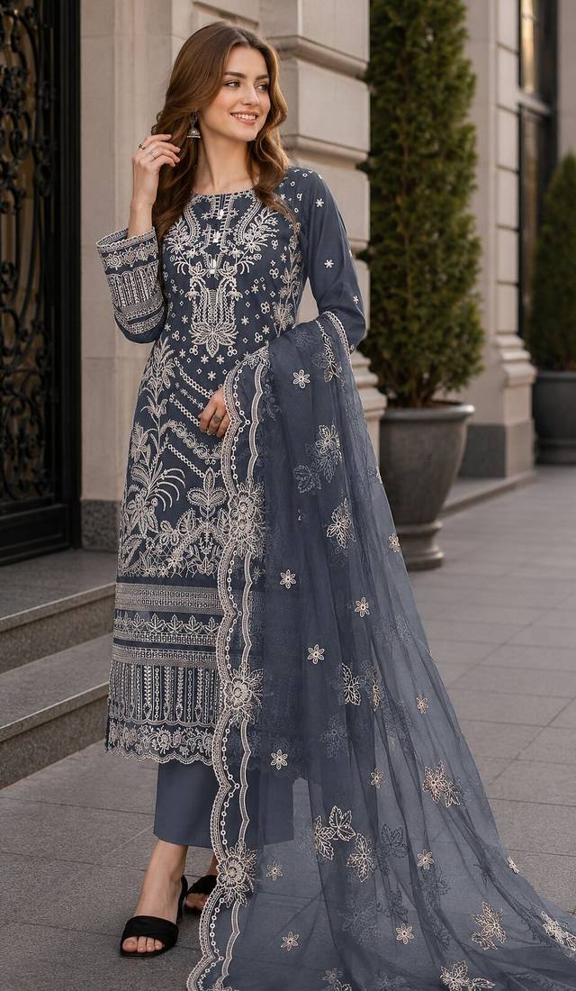 Grey faux georgette semi stitched suit with embroidery work