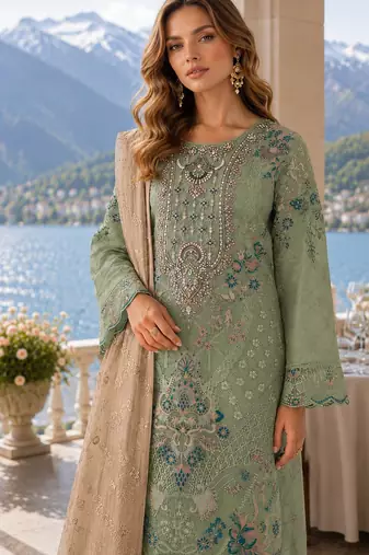 Green silk semi stitched suit with embroidery & sequence work