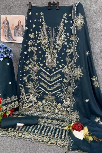 Teal faux georgette semi stitched suit with embroidery work