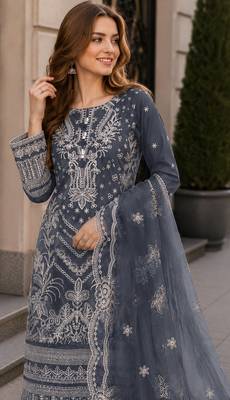 Grey faux georgette suit with embroidery work 2