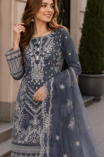 Grey faux georgette semi stitched suit with embroidery work