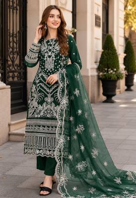 Green faux georgette suit with embroidery work 1