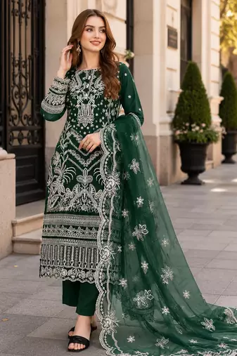 Green faux georgette semi stitched suit with embroidery work