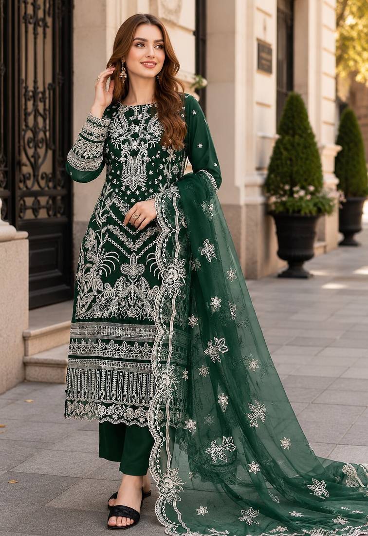 Green faux georgette semi stitched suit with embroidery work