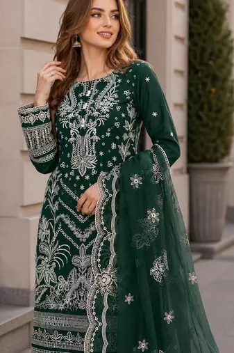 Green faux georgette semi stitched suit with embroidery work