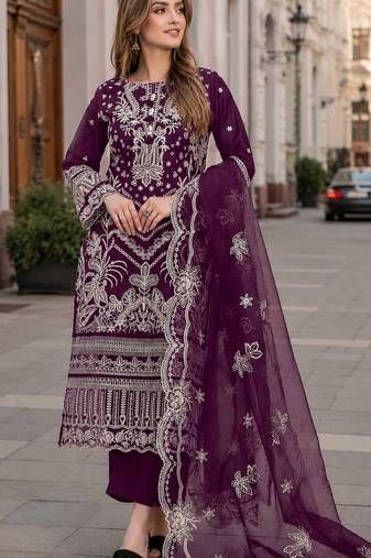 Purple faux georgette semi stitched suit with embroidery work