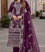 Purple faux georgette semi stitched suit with embroidery work