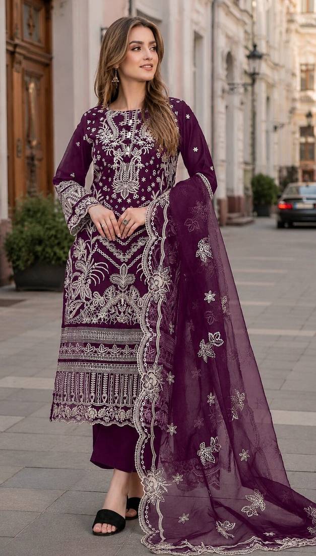 Purple faux georgette semi stitched suit with embroidery work