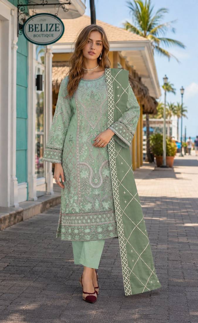 Pista chiffon semi stitched suit with embridery & sequence work