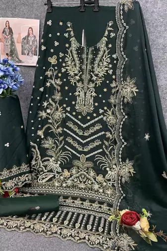 Green faux georgette semi stitched suit with embroidery work