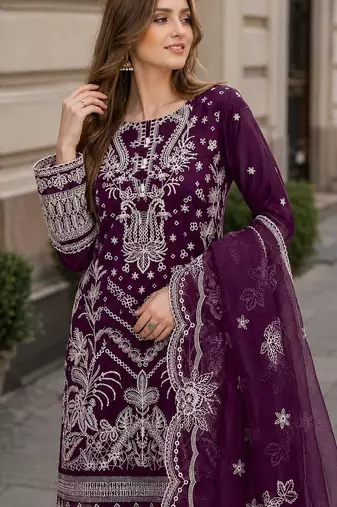 Purple faux georgette semi stitched suit with embroidery work