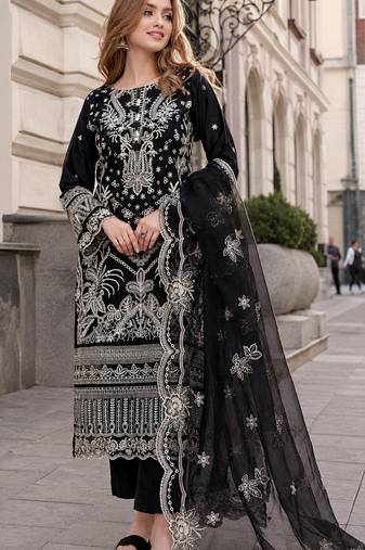 Black faux georgette semi stitched suit with embroidery work