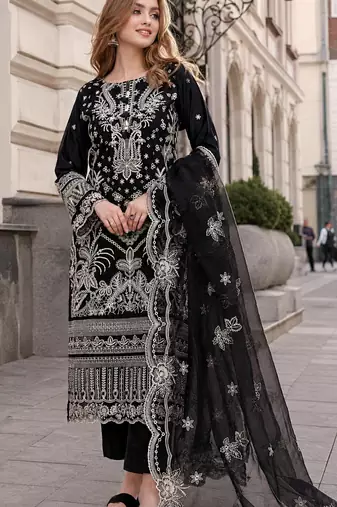 Black faux georgette semi stitched suit with embroidery work