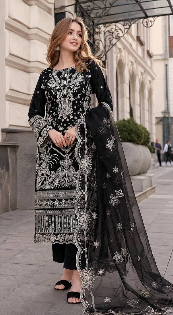 Black faux georgette semi stitched suit with embroidery work