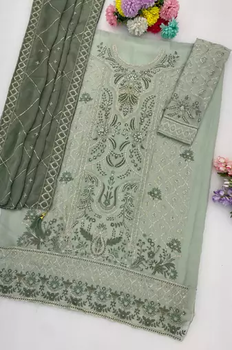 Pista chiffon semi stitched suit with embridery & sequence work