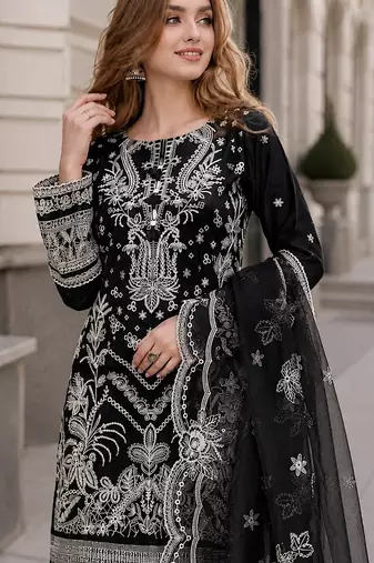 Black faux georgette semi stitched suit with embroidery work
