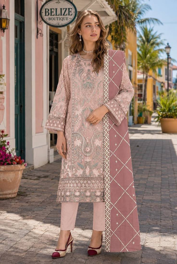 Peach chiffon semi stitched suit with embridery & sequence work