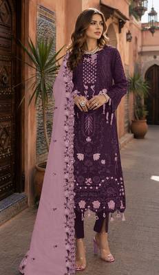 Dark purple embroidered faux georgette salwar suit 1