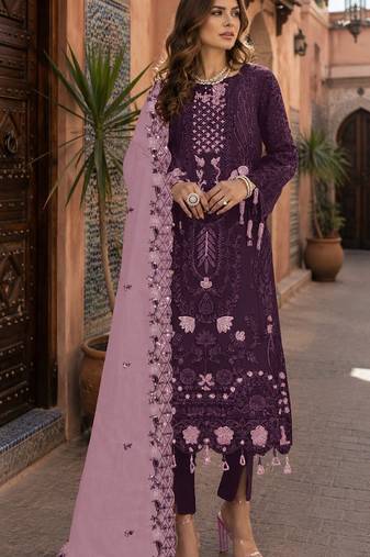 Dark purple embroidered faux georgette semi stitched salwar suit