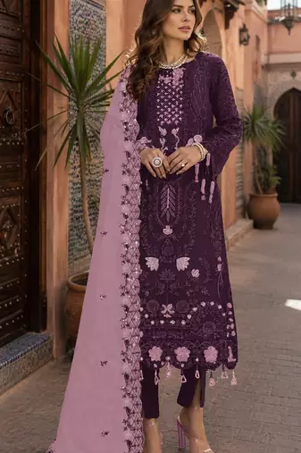 Dark purple embroidered faux georgette semi stitched salwar suit