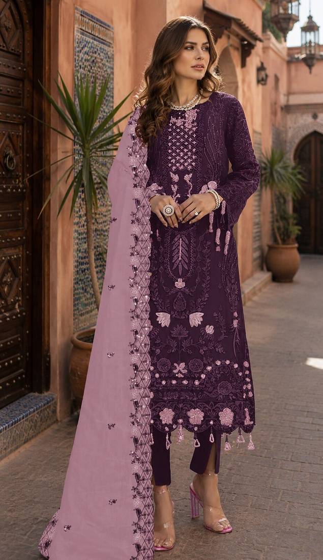 Dark purple embroidered faux georgette semi stitched salwar suit
