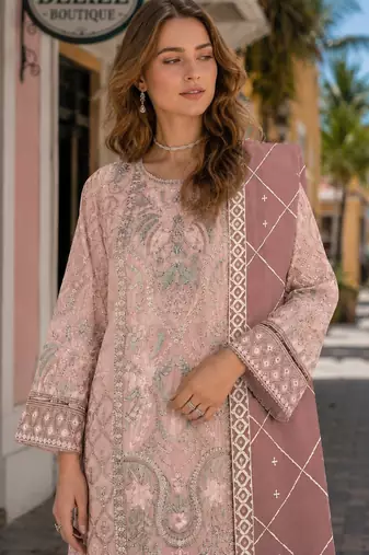 Peach chiffon semi stitched suit with embridery & sequence work