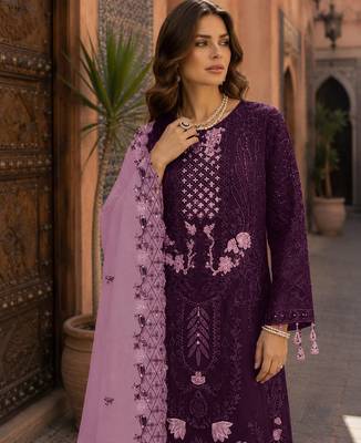 Dark purple embroidered faux georgette salwar suit 2