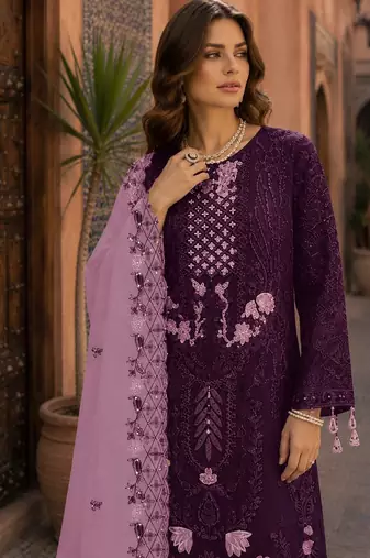 Dark purple embroidered faux georgette semi stitched salwar suit