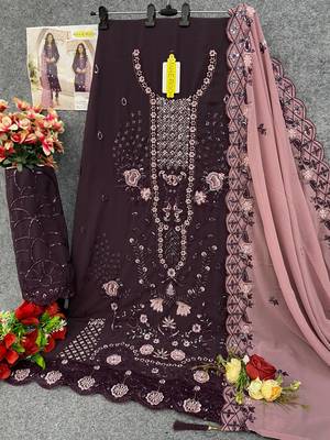 Dark purple embroidered faux georgette salwar suit 3
