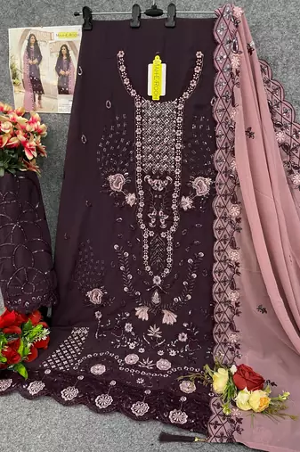 Dark purple embroidered faux georgette semi stitched salwar suit